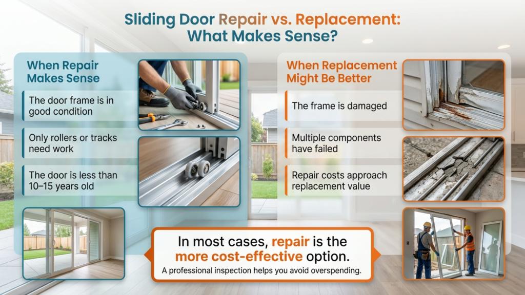 Sliding door repair vs replacement comparison showing when to fix or replace