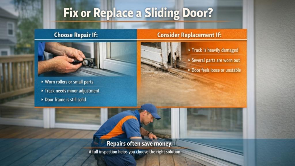 Fix sliding door dragging on track with repair vs replacement comparison