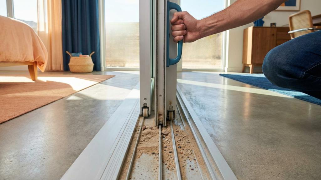 Close-up of a stuck sliding door with debris blocking the track