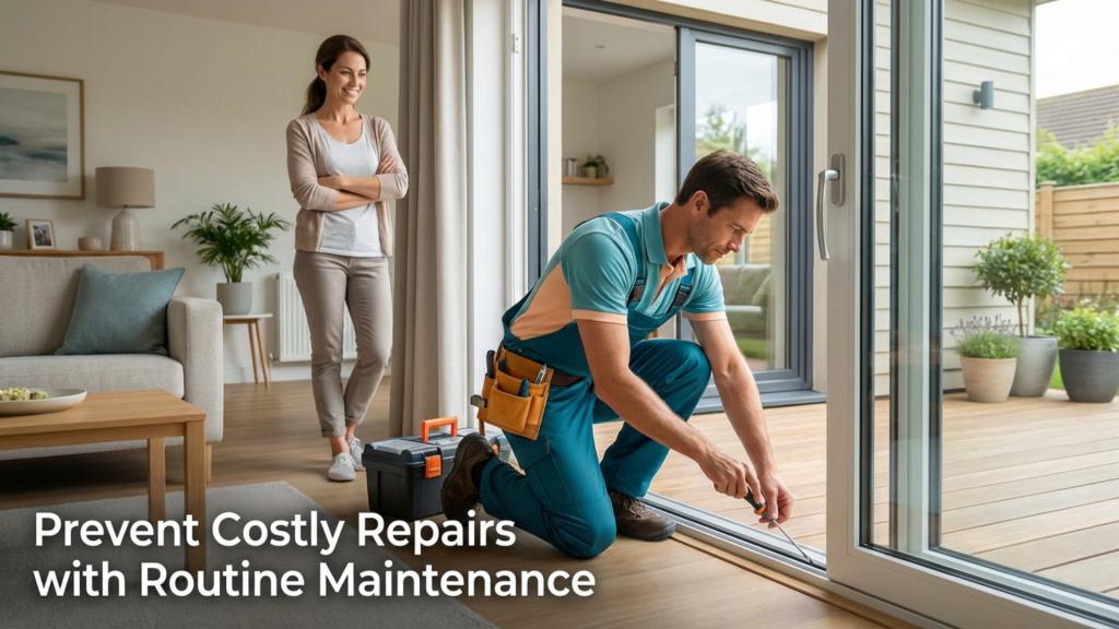 A patio door repair technician fixing sliding door track inside home