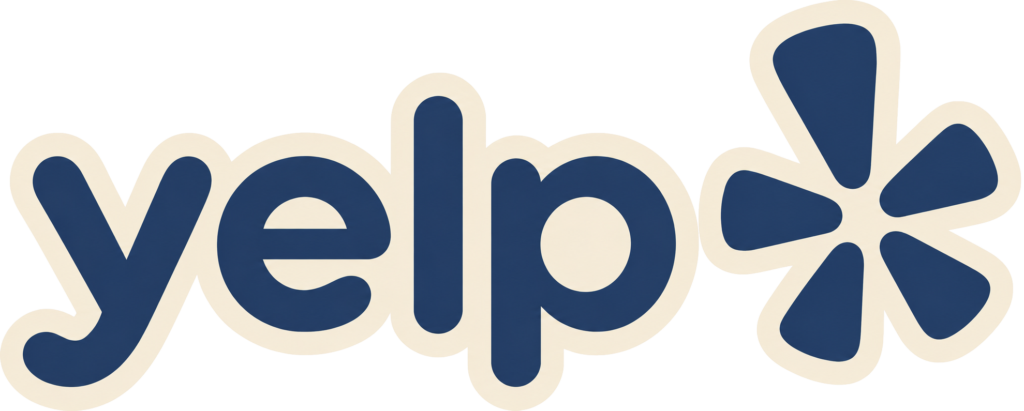 Yelp logo with dark blue text and a starburst icon.