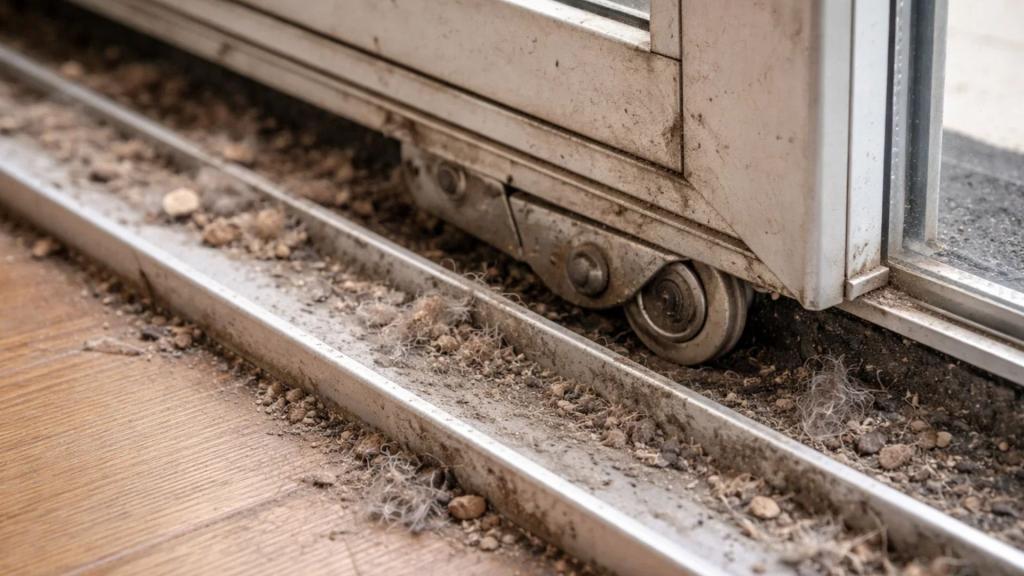 Close-up of sliding door rollers stuck in a dusty track filled with dirt and debris