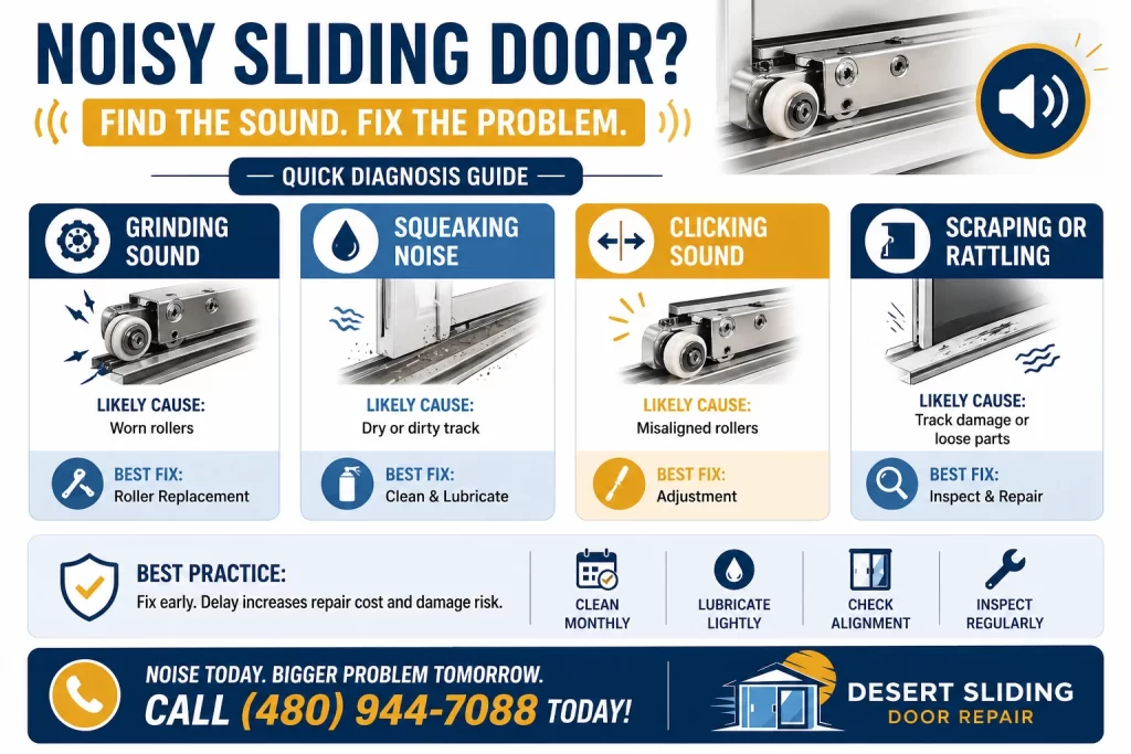 Noisy sliding door with worn rollers and debris in track causing grinding and squeaking in a Phoenix home