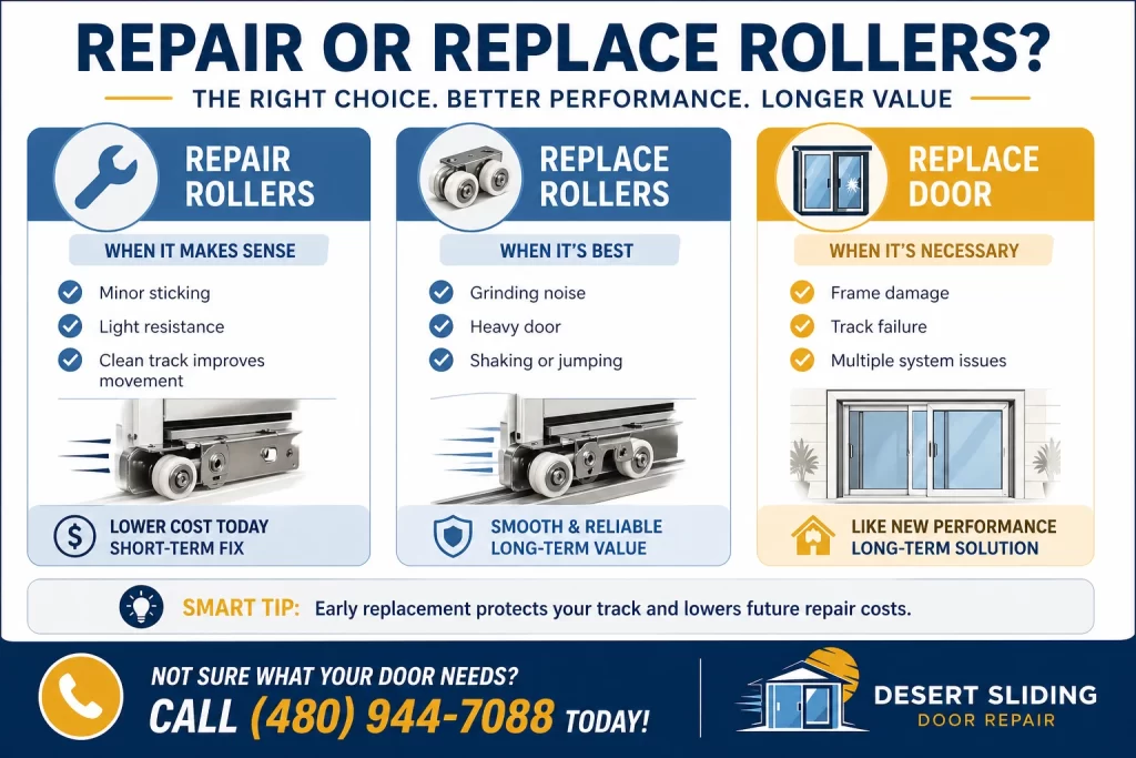 Infographic comparing repair or replace rollers for sliding doors in Phoenix, showing when to repair rollers, replace rollers, or choose full door replacement based on performance and cost.