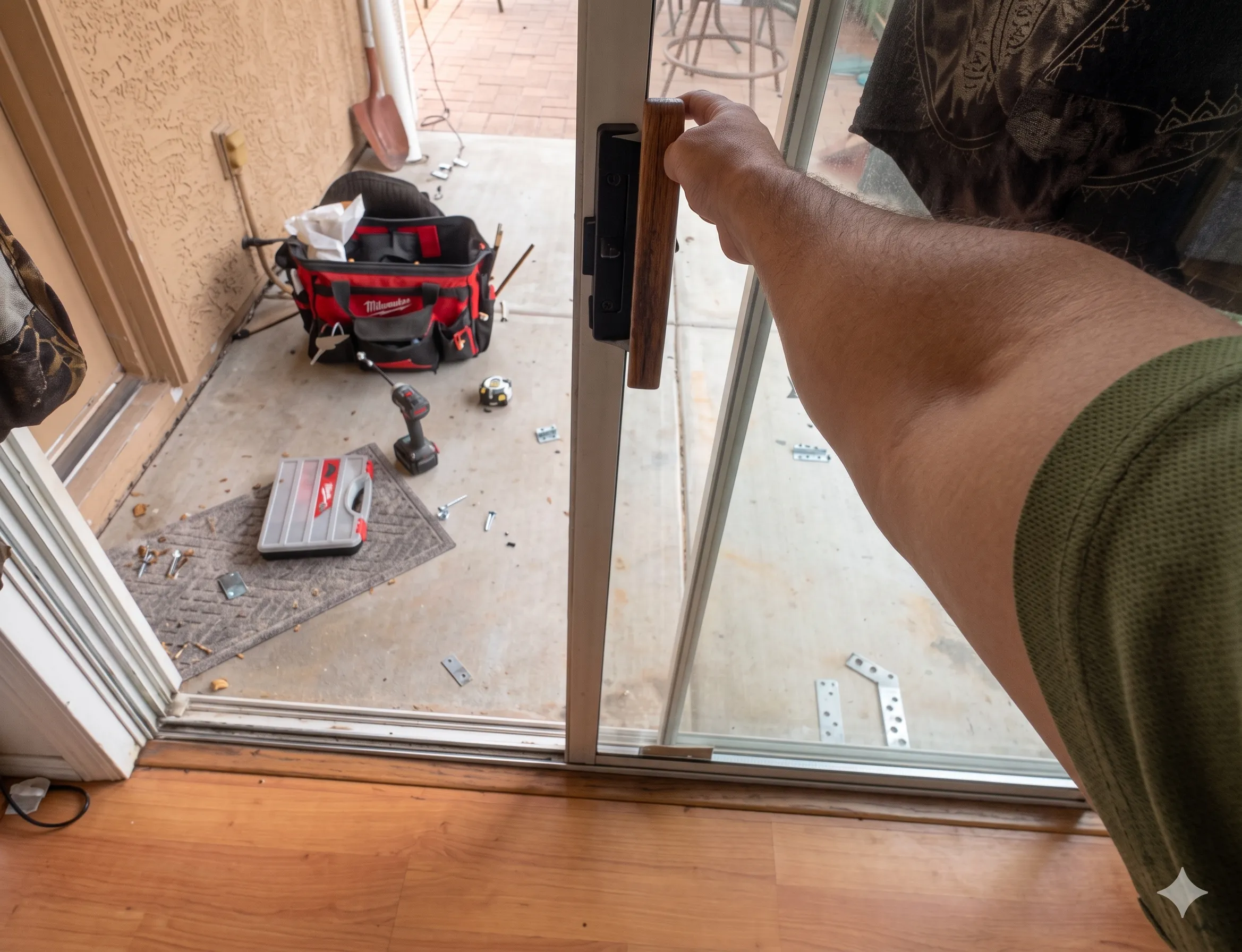 Person's arm opening a glass sliding door with tools on the ground.