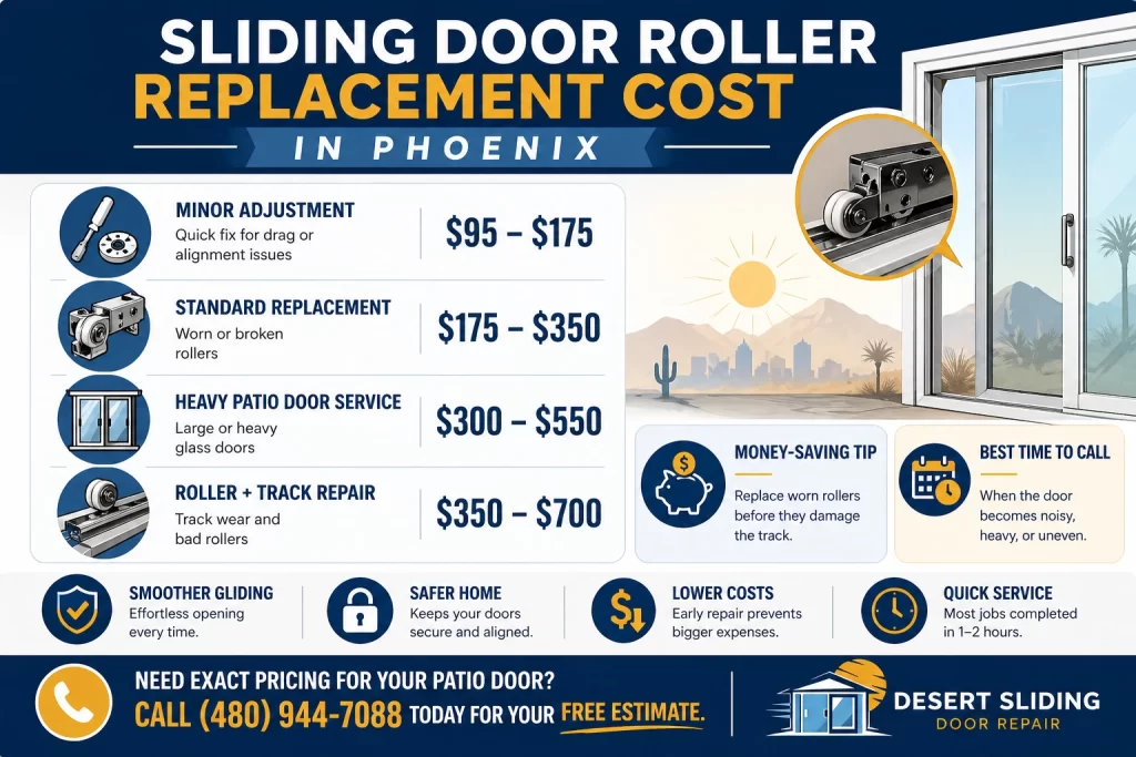 Infographic showing sliding door roller replacement cost in Phoenix, including price ranges for adjustment, standard replacement, heavy patio doors, and track repair.