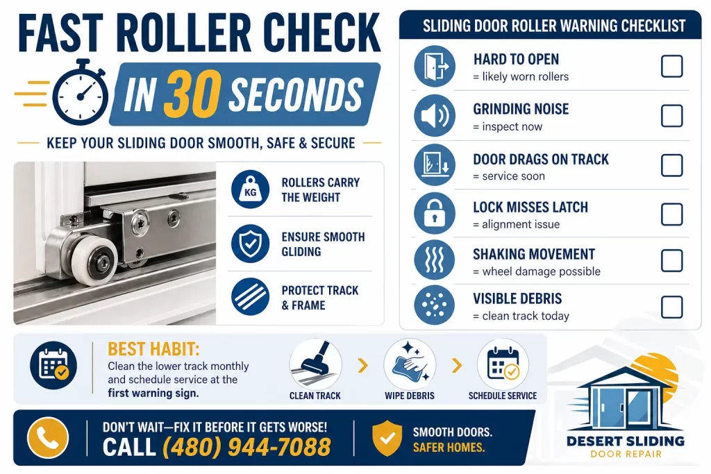 Infographic showing sliding door rollers warning signs in Phoenix AZ, including hard to open door, grinding noise, dragging track, shaking movement, and visible debris.