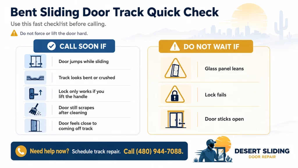 Bent sliding door track quick check infographic showing warning signs like jumping door, crushed track, failed lock, leaning glass panel, and when Phoenix homeowners should call for track repair.