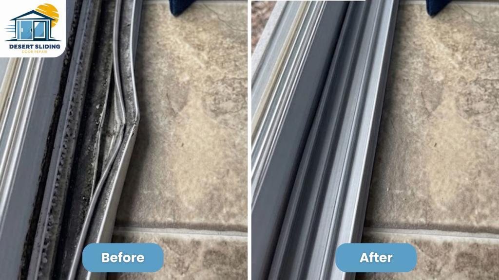 Before and after comparison of a bent sliding door track repair by Desert Sliding Door Repair