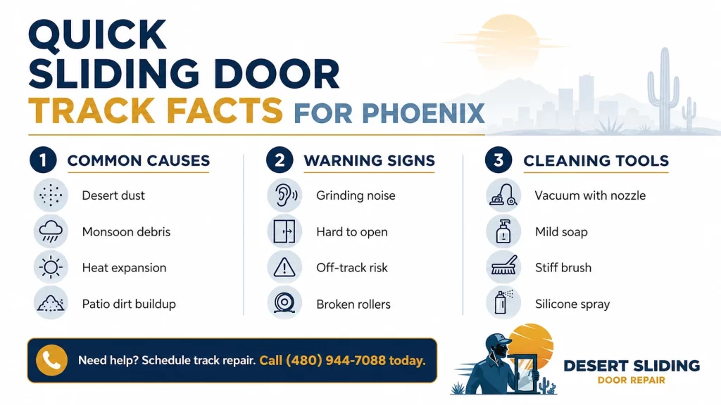 Sliding door track repair guide for Phoenix homeowners featuring warning signs, cleaning tools, and causes of patio door track problems