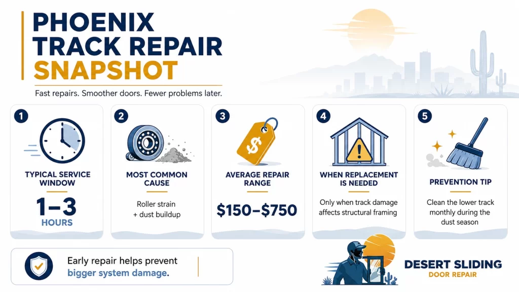 Phoenix sliding door track repair cost infographic showing service time, common causes, repair range, replacement signs, and prevention tips.