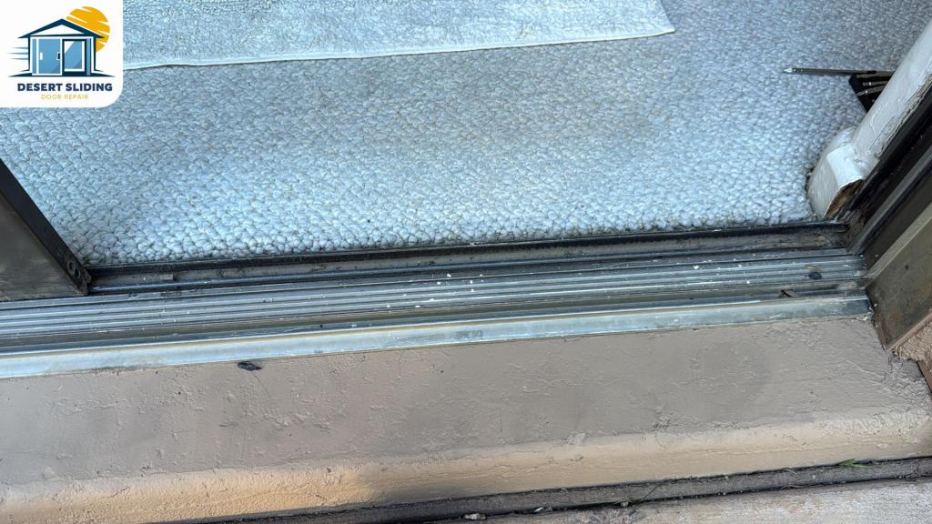 Close-up of sliding glass door track in Phoenix, AZ, showing debris buildup and track condition before repair service