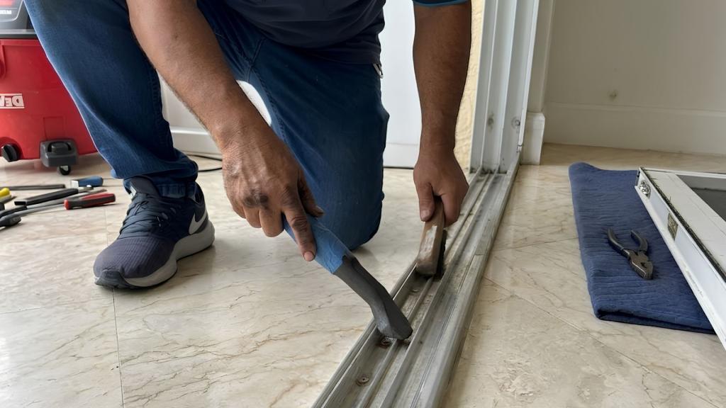 Technician repairing a damaged sliding door track using hand tools during a patio door repair service