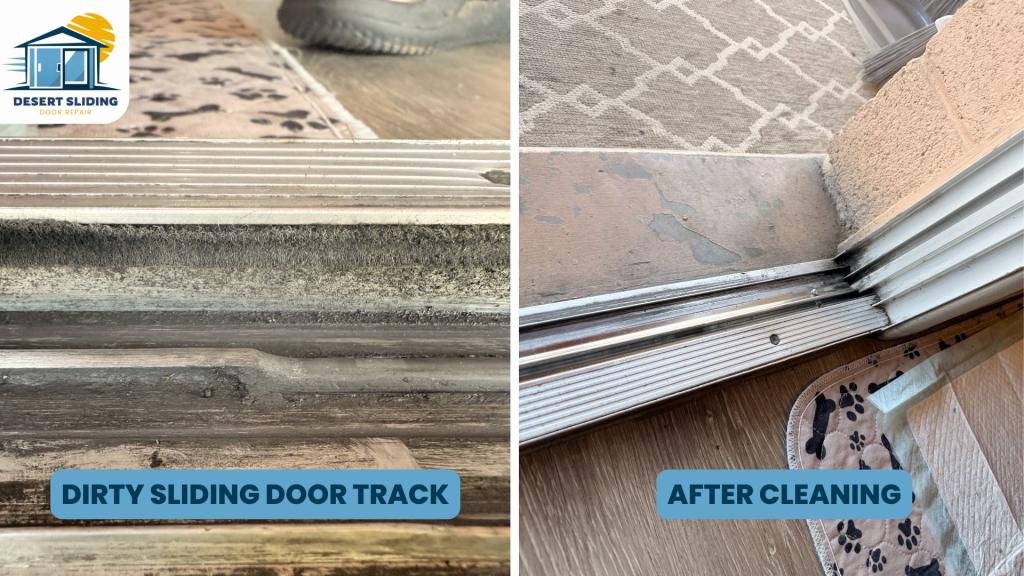 Before and after sliding door track cleaning showing heavy dirt buildup and restored clean track performance