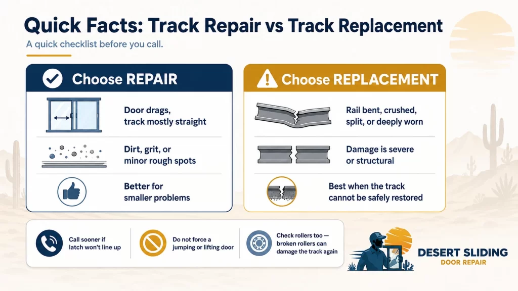 Quick facts infographic comparing sliding door track repair vs track replacement for Phoenix homeowners