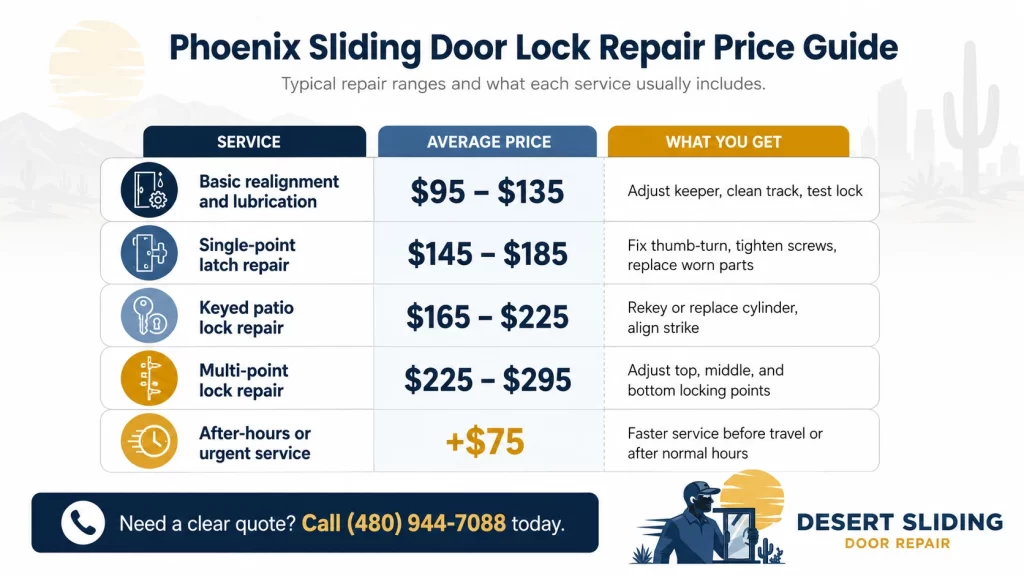Phoenix sliding door lock repair cost infographic showing average service prices, repair types, and what each lock service includes.