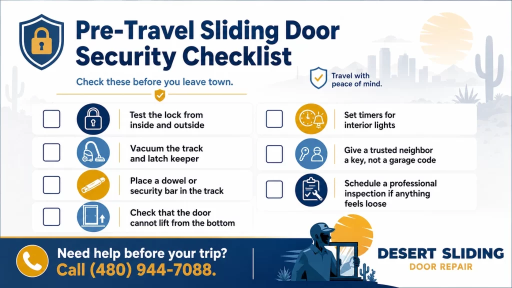 Infographic showing a pre-travel sliding door security checklist with lock testing, track cleaning, security bar use, and professional inspection tips