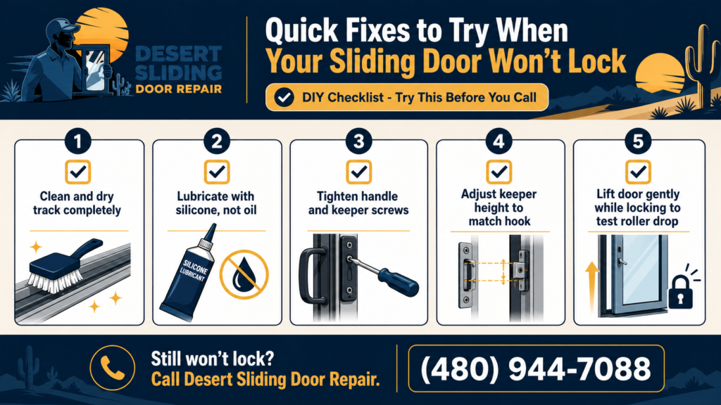 Sliding door won’t lock quick fixes checklist showing track cleaning, silicone lubricant, handle screws, keeper adjustment, and roller testing