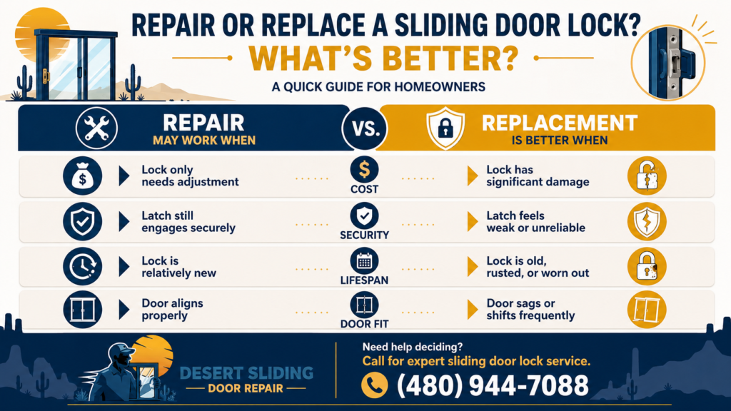Sliding door lock repair or replacement guide featuring a close-up of a sliding glass door lock mechanism