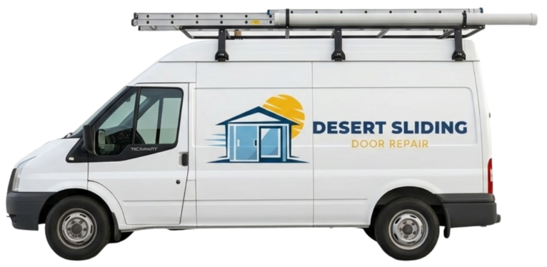 White service van with 'Desert Sliding Door Repair' logo and ladders on roof.